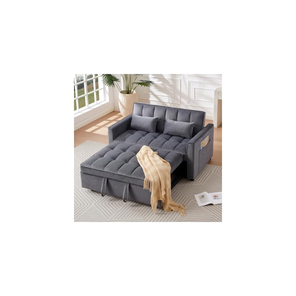 54" Sofa Bed, Velvet Loveseat Sleeper Sofa, Pull Out Bed, Grey