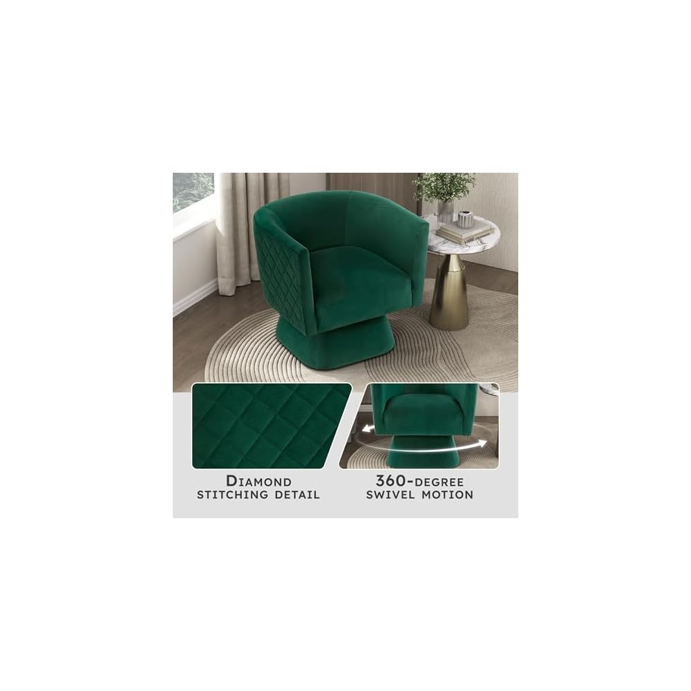 Lexicon 360 Degree Swivel Accent Chair, Modern Comfy Velvet Barrel Chair, Diamond Stitched Details, Plush Foam Cushions, Metal Swivel Base, for Living Room/Bedroom/Apartment/Office, Green