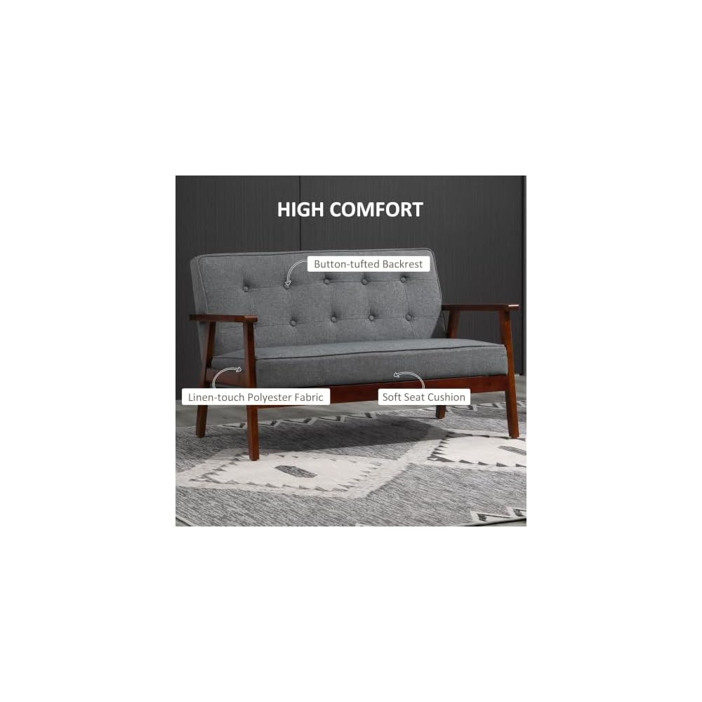 HOMCOM Modern Upholstered 2-Seat Loveseat Sofa with Linen-Touch Fabric and Rubberwood Legs, Grey