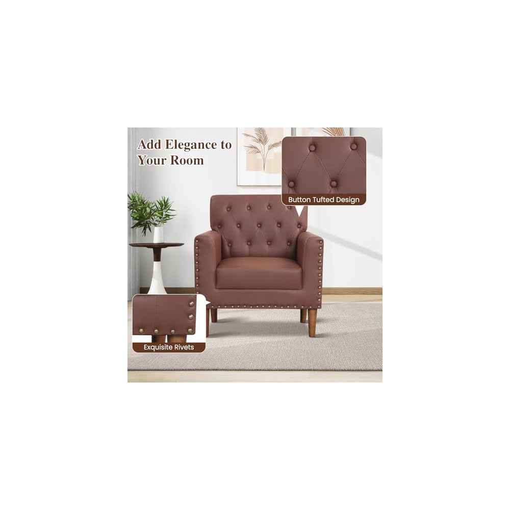 KOMFOTT Mid Century Modern Accent Chair, Faux Leather Upholstered Armchair with Button Tufted Decoration & Rivets, Rubber Wood Legs, Soft Padded Seat Cushion, Single Sofa for Living Room, Home (Brown)
