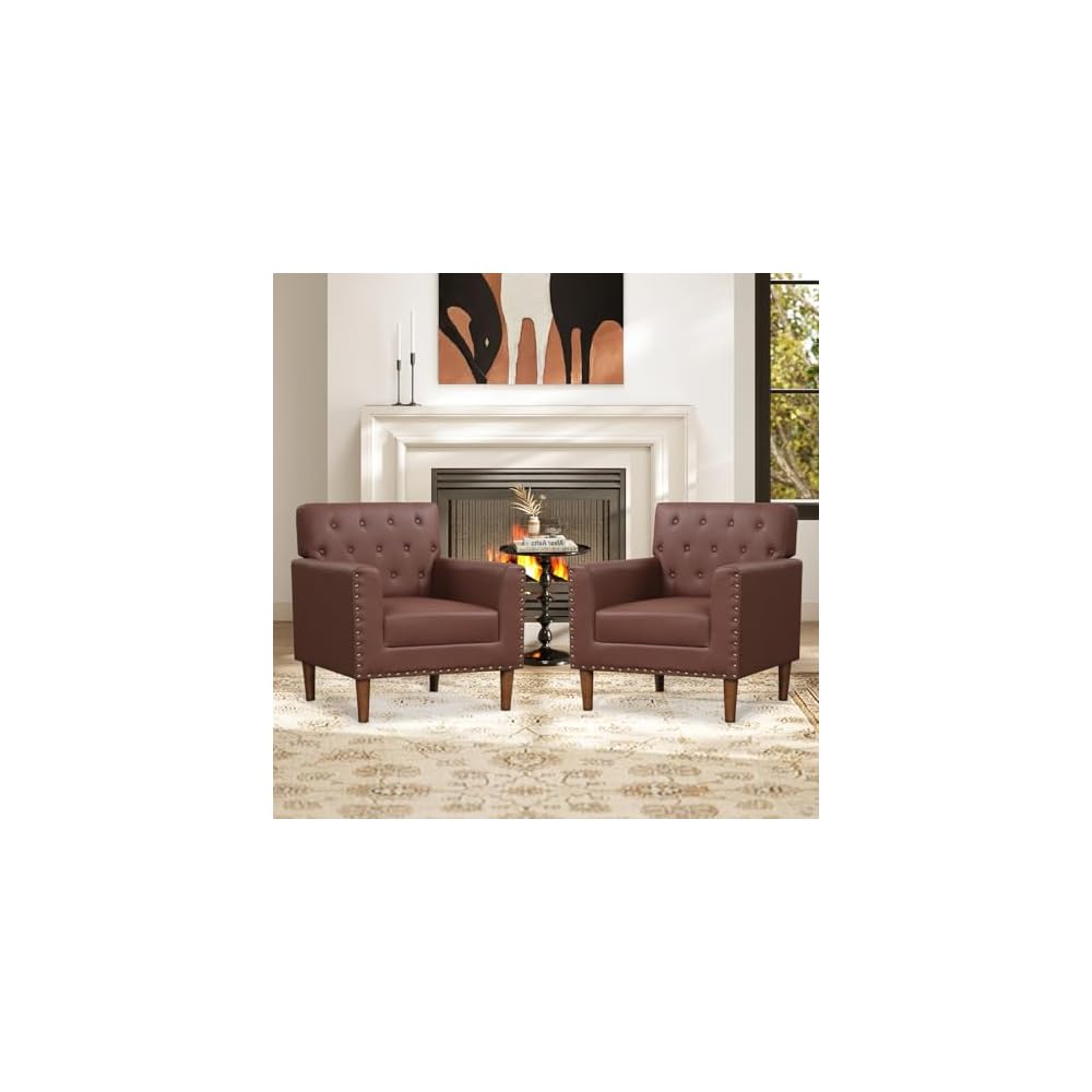 KOMFOTT Mid Century Modern Accent Chair, Faux Leather Upholstered Armchair with Button Tufted Decoration & Rivets, Rubber Wood Legs, Soft Padded Seat Cushion, Single Sofa for Living Room, Home (Brown)