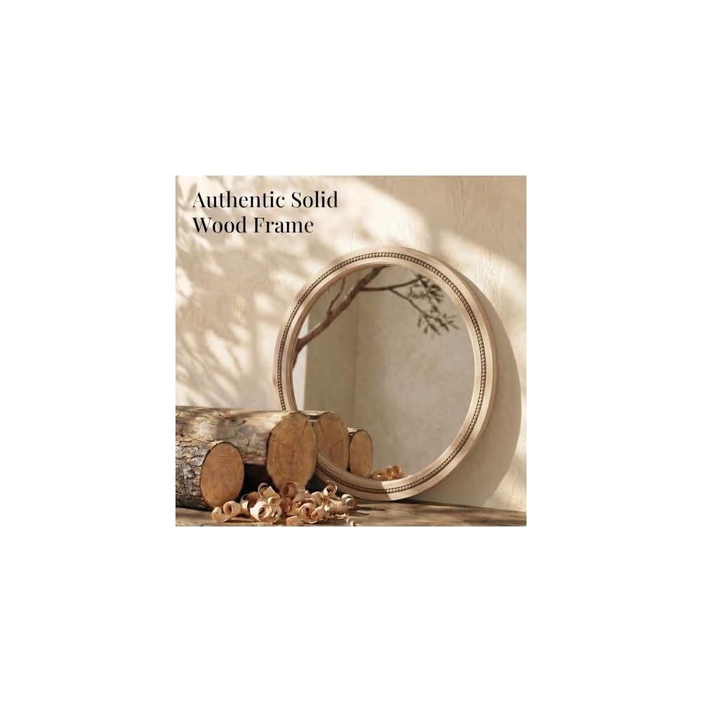 Solid Wood 30 Inch Round Beaded Vanity Wall Mirror, Natural Wood