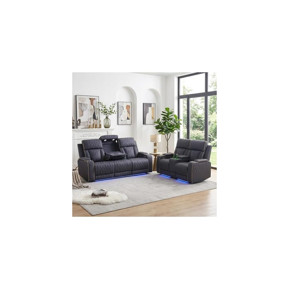 2 Pieces Power Recliner Sofa Set with LED, Leather Power Reclining Couch Sets includes 3 Seats Sofa and Loveseat with Cup Holders, USB Port, Living Room Furniture Sets for HomeTheater, Blue Gray
