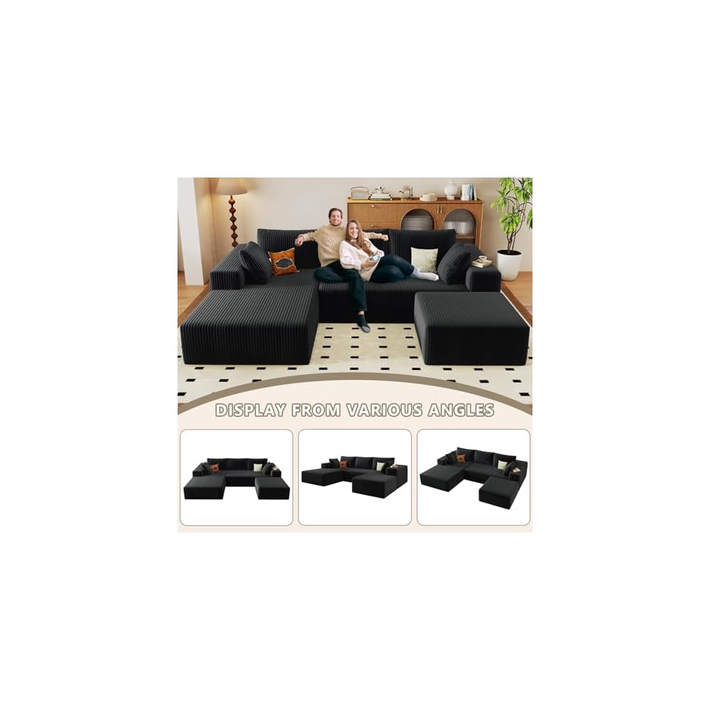 96" Cloud Sectional Couch with U-Shaped Chaise, Corduroy Sectional Sofa with Ottoman, Boneless Couch with Deep Seat in a Box for Living Room, No Assembly Required (Black, Left Facing Chaise)