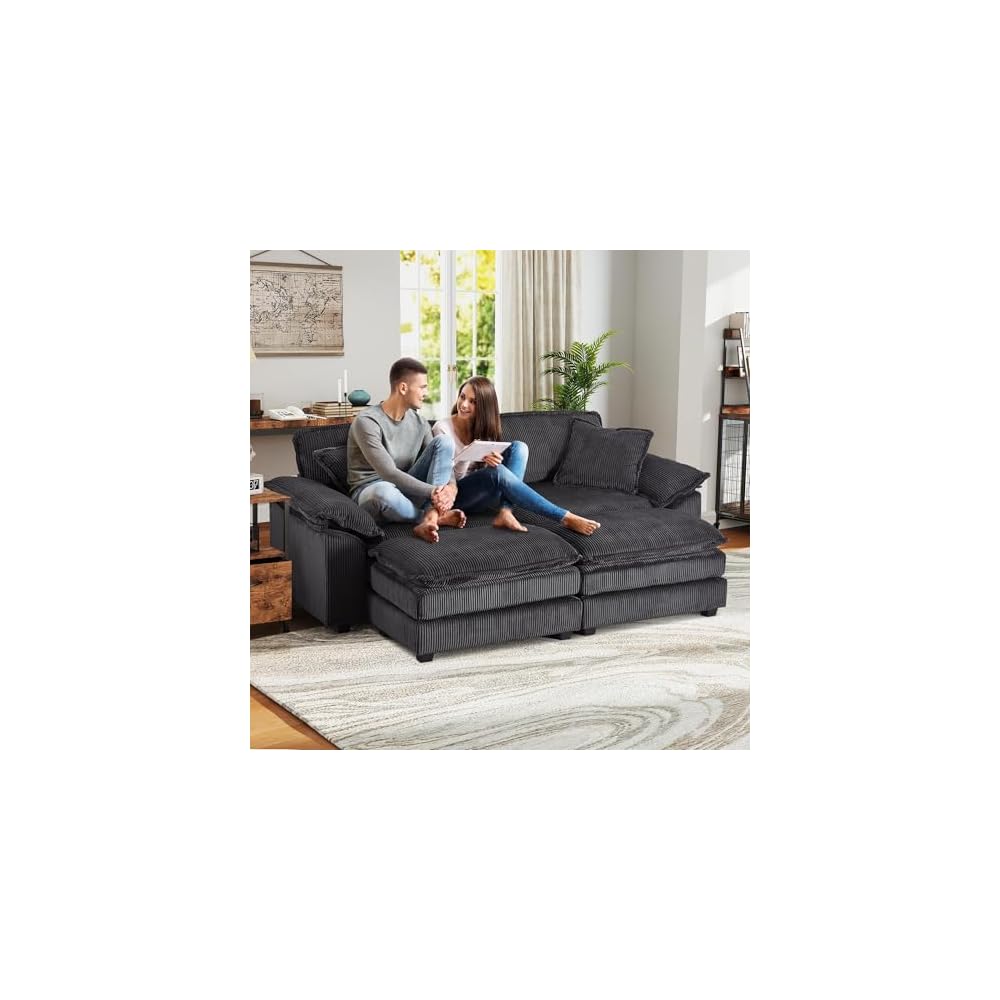 84.6'' Modular Sectional Sofa for Living Room, Comfy Corduroy Double Layer Upholstered Loveseat Sofa, Sleeper Sofa Cloud Couch with Moveable Ottoman, 2 Pillows and Detachable Armrest, Grey