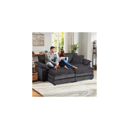 84.6'' Modular Sectional Sofa for Living Room, Comfy Corduroy Double Layer Upholstered Loveseat Sofa, Sleeper Sofa Cloud Couch with Moveable Ottoman, 2 Pillows and Detachable Armrest, Grey
