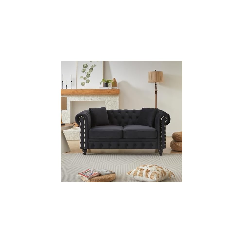 KEIKI 63.5" Chesterfield Sofa, Retro Style Velvet Upholstered Couch, Button Tufted Sofa with Rolled Arm for Living Room, Bedroom Office, Black
