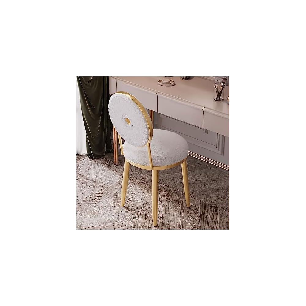 Vanity Chair for Makeup Room - Lambswool Vanity Stool Midcentury Modern Accent Chair with Backrest Velvet Chair with Gold Legs - for Living Room Bedroom (Color : White)