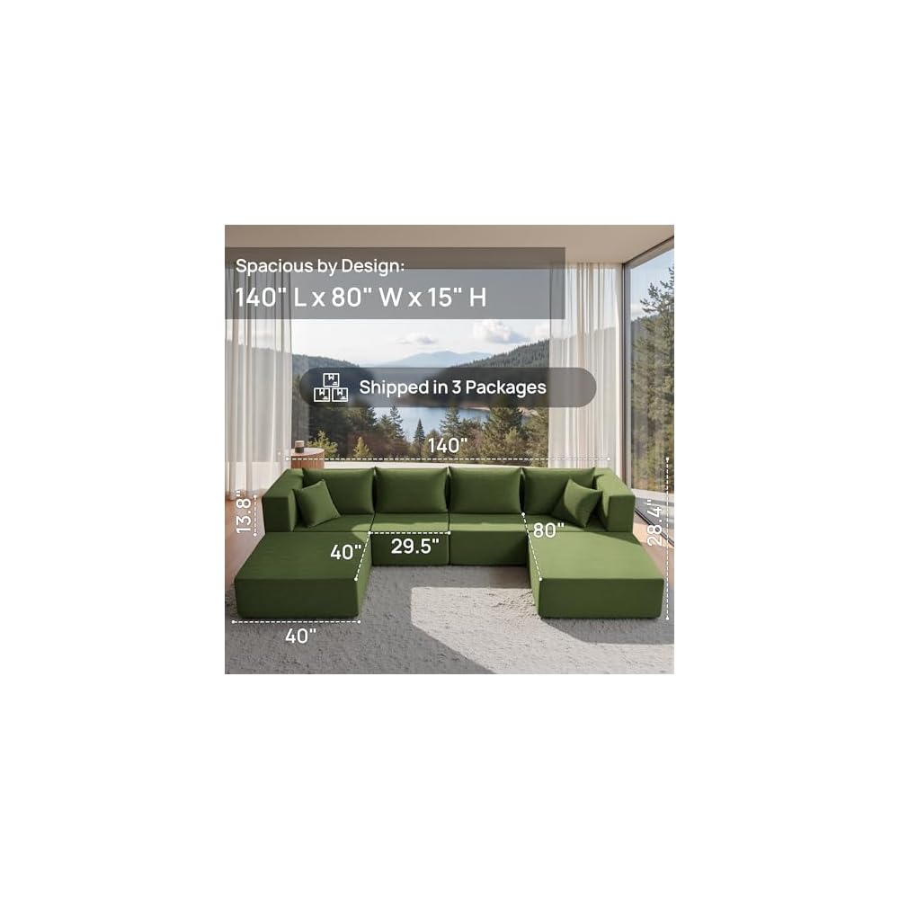 YINIX 140" Convertible Sleeper Sofa Bed - Modular Sectional Sofa Couches - Comfy Cloud Couch for Living Room Floor Sofa - 6 Piece Free Combination Compression Sofa - No Assembly Required - Green