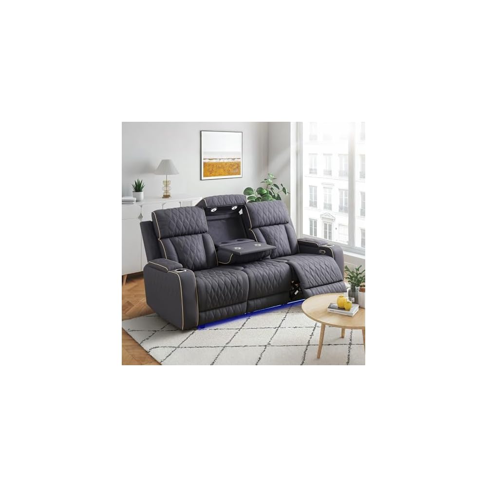 2 Pieces Power Recliner Sofa Set with LED, Leather Power Reclining Couch Sets includes 3 Seats Sofa and Loveseat with Cup Holders, USB Port, Living Room Furniture Sets for HomeTheater, Blue Gray