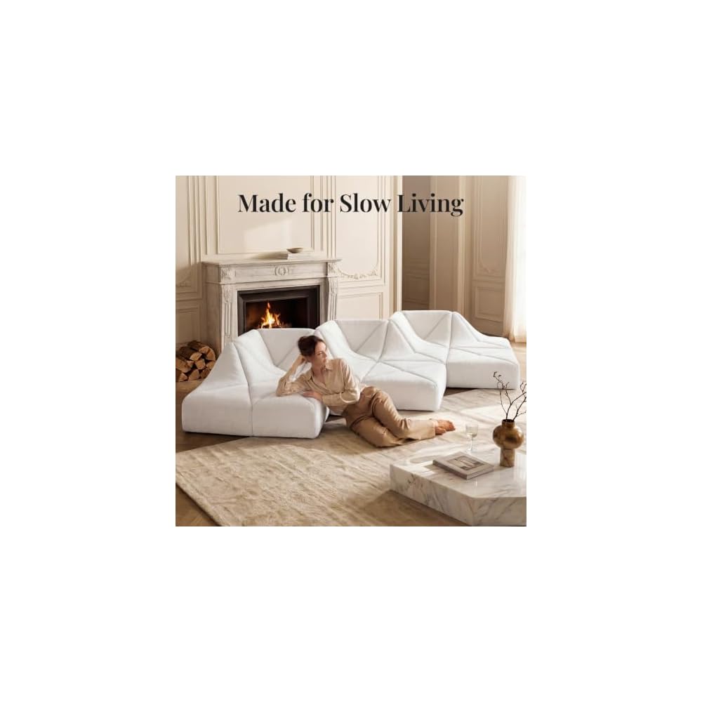 Dune Modular Sectional Sofa, Chenille Cloud Couch, Low Profile Floor Sofa Set, DIY Convertible Sectional Couch for Living Room, Cream White, 10-Pieces