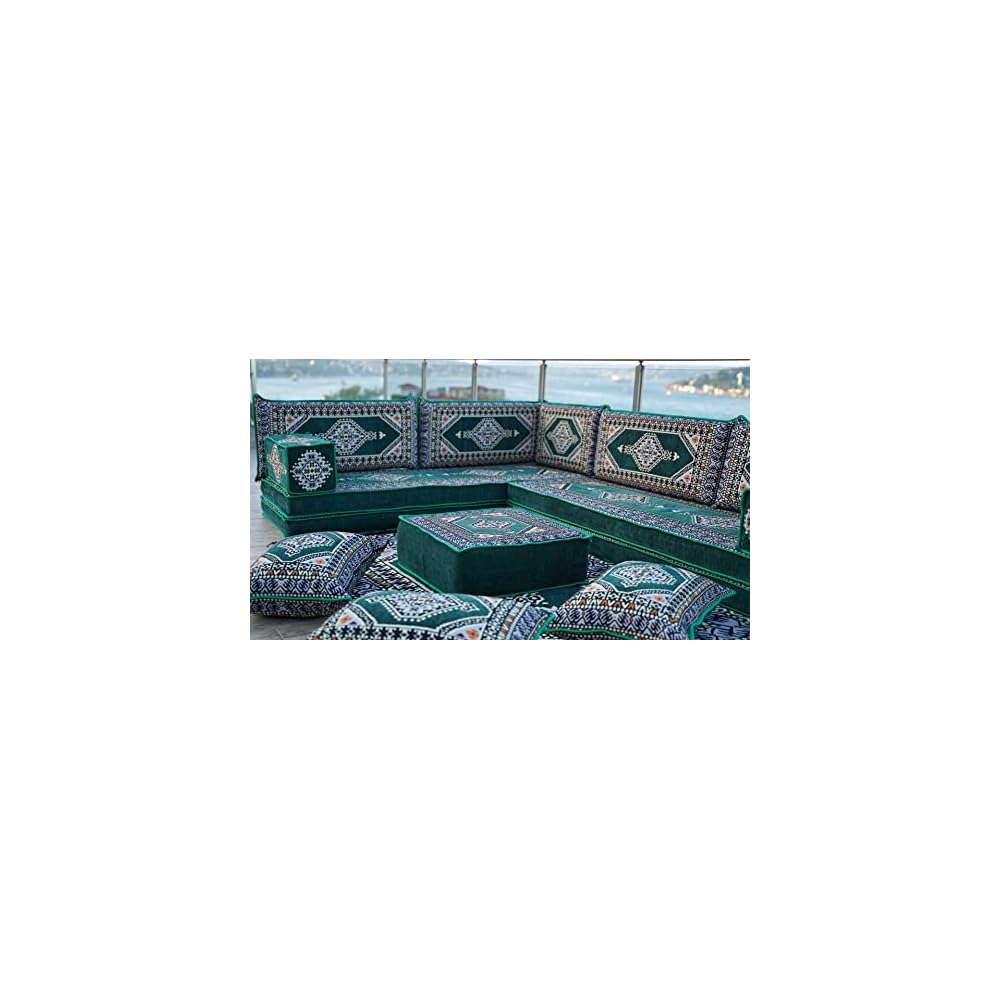 L Shaped Arabic Floor Cushions, Sectional Sofas, Arabic Majlis Set, Custom Made Sofa, Arabic Sofa Set, Seating Cushions (8'' Thickness Sofa, L Sofa Full Set, Green)
