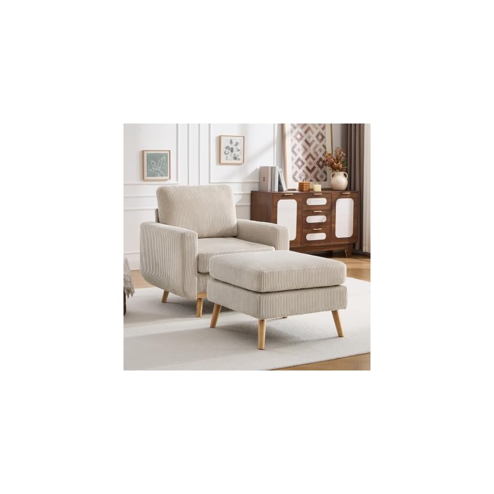 Accent Chair for Bedroom,Reading Chair with Deep Seat,Corduroy Armchair with Wood Legs, Comfy Living Room Chairs Single Sofa for Indoor Bedroom Apartment(Black)
