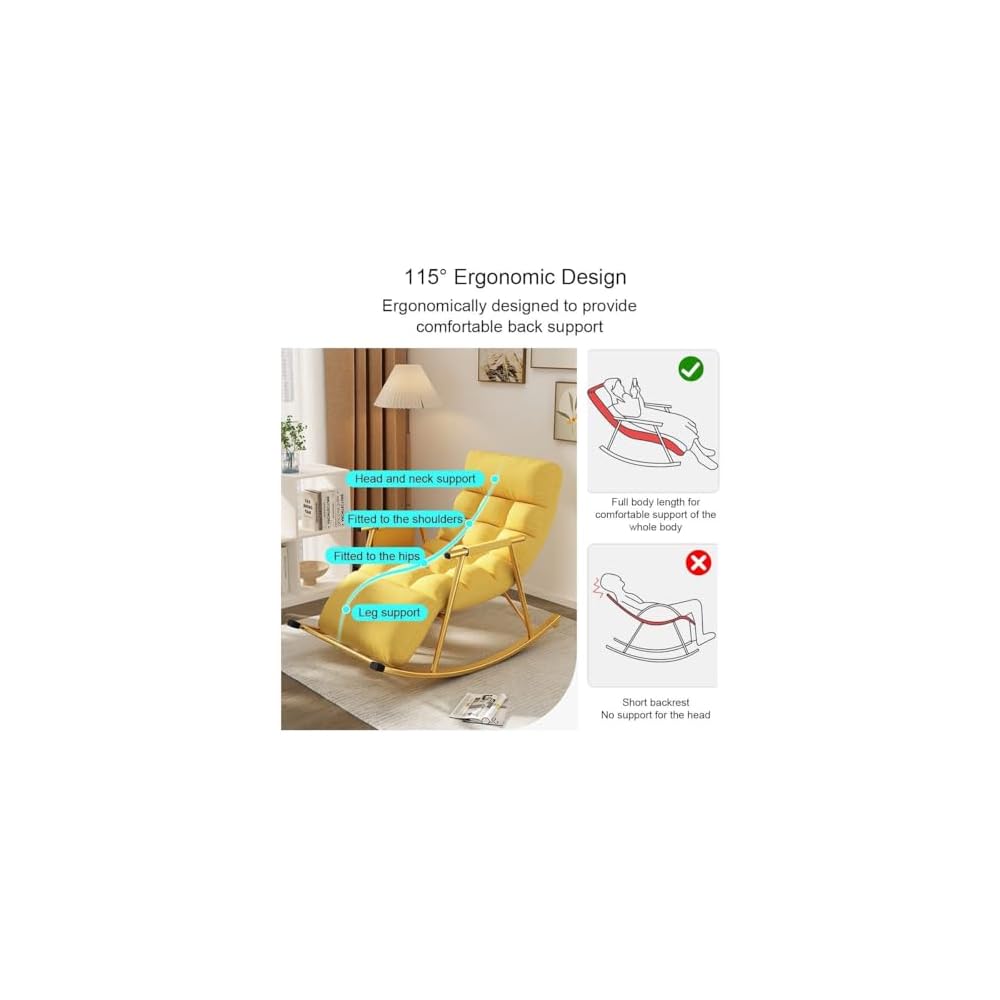 Indoor Rocking Chair Adult Recliner Modern Accent Chair Living Room Chairs Armchair Back Adjustable,Metal Frame Leisure Sofa Rocking Chair(Yellow)