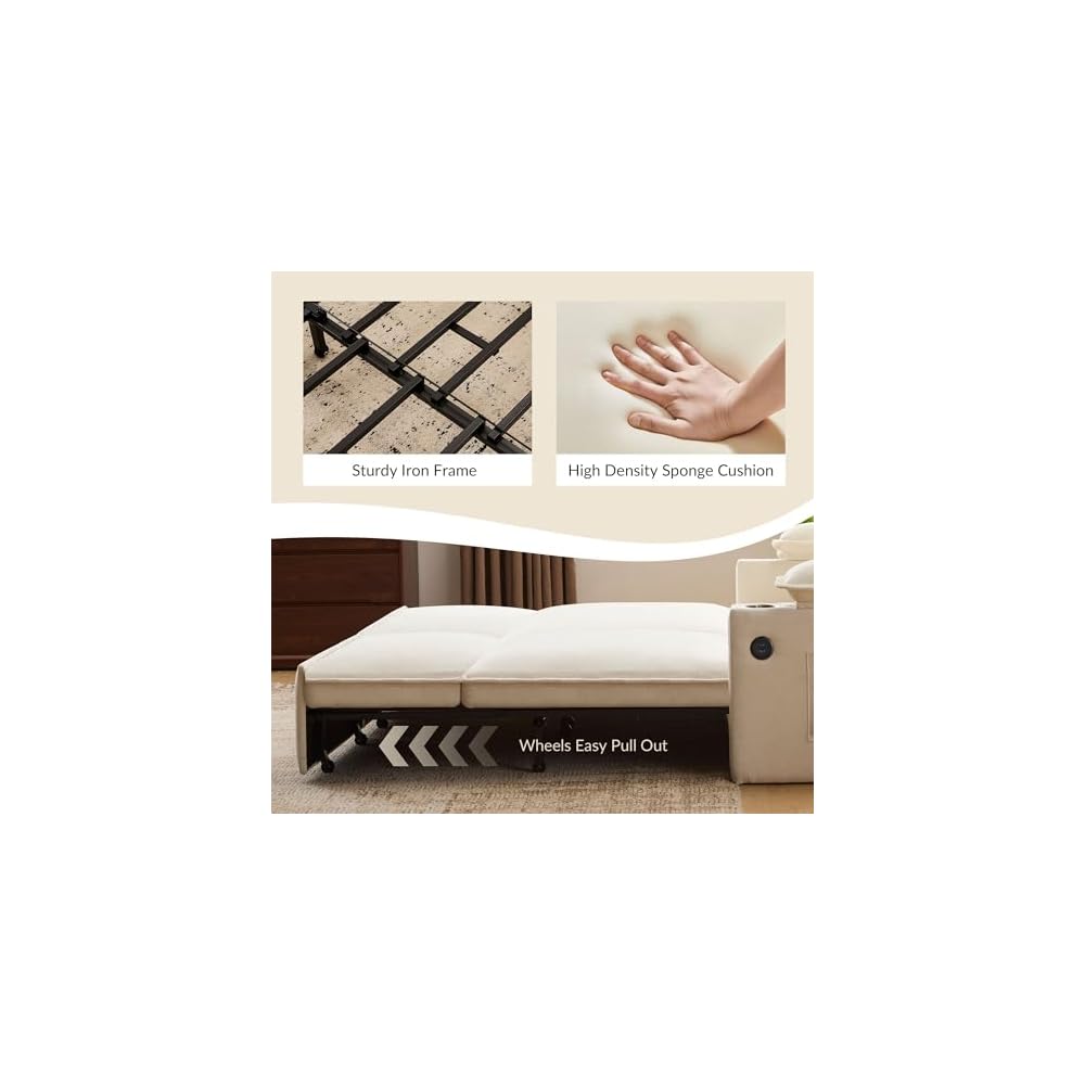 82.7’’ King Size Beige Pull Out Sofa Bed, 3 in 1 Convertible Sleeper Sofa Bed with Futon Sofa, Chenille Loveseat Couch Bed with USB and Storage Pockets for Living Room,Bedroom