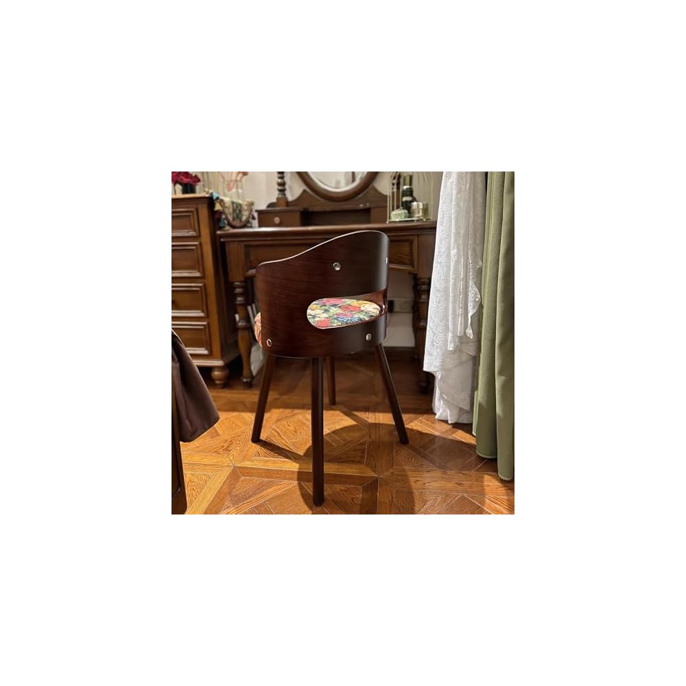 Swivel Vanity Chair with Back - Retro Wood American Round Makeup Chair & Accent Armchair for Home Office/Bedroom - Upholstered Comfort & Style