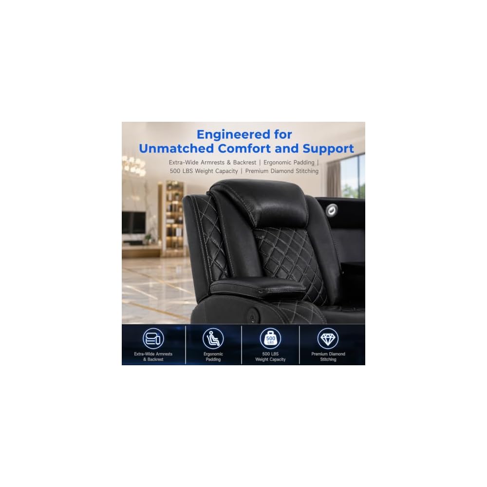 Power Recliner Sofa Sectional with LED Lights,Sectional Couches for Living Room with Cup Holder,6 Seater Home Theater Seating Reclining Sofa Furniture Set + Drop Down Tabel ,Storage,Wireless Charger