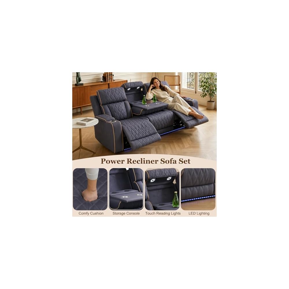 2 Pieces Power Recliner Sofa Set with LED, Leather Power Reclining Couch Sets includes 3 Seats Sofa and Loveseat with Cup Holders, USB Port, Living Room Furniture Sets for HomeTheater, Blue Gray