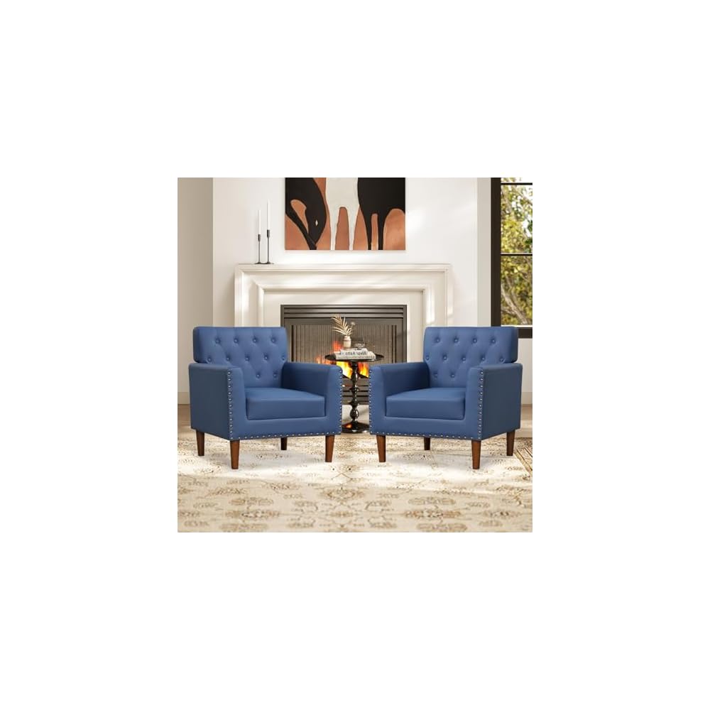 KOMFOTT Mid Century Modern Accent Chair, Faux Leather Upholstered Armchair with Button Tufted Decoration & Rivets, Rubber Wood Legs, Soft Padded Seat Cushion, Single Sofa for Living Room, Home (Brown)