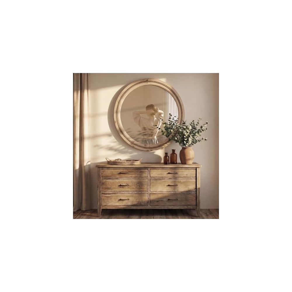 Solid Wood 30 Inch Round Beaded Vanity Wall Mirror, Natural Wood