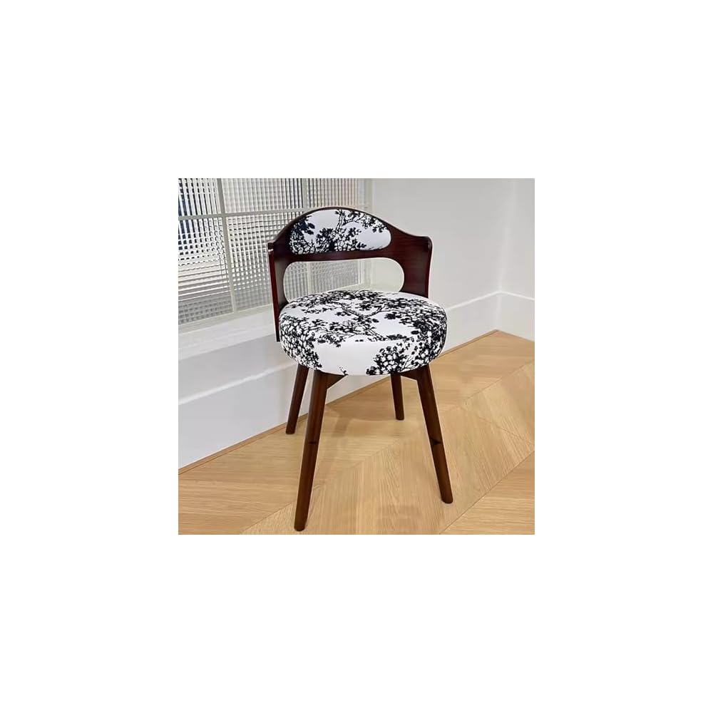 Swivel Vanity Chair with Back - Retro Wood American Round Makeup Chair & Accent Armchair for Home Office/Bedroom - Upholstered Comfort & Style