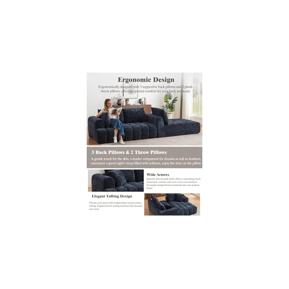 108" Boneless Cloud Modular Sectional Couch for Living Room, L Shaped Sofa with Chaise | Chenille Fabric | Compressed Foam Sofa for Living Room | No Assembly (Dark Blue, Right Hand Facing)