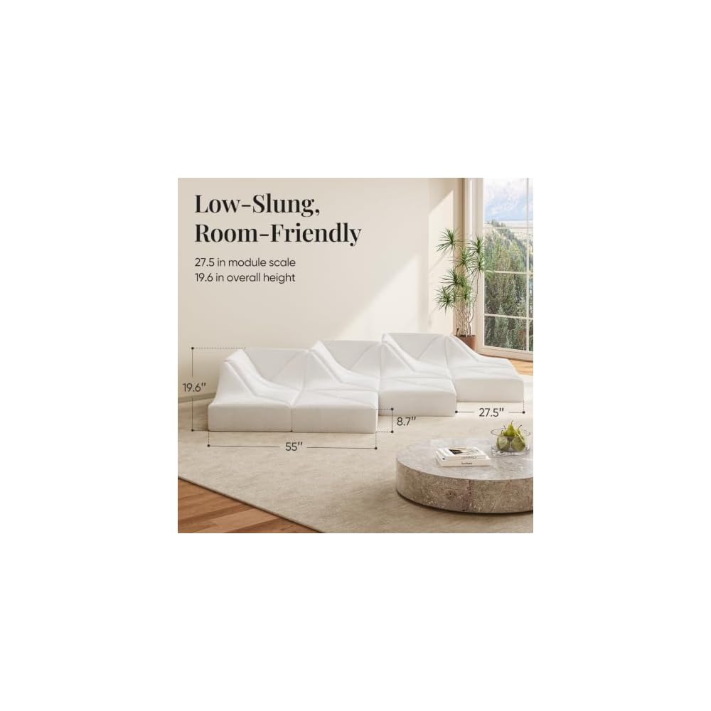 Dune Modular Sectional Sofa, Chenille Cloud Couch, Low Profile Floor Sofa Set, DIY Convertible Sectional Couch for Living Room, Cream White, 10-Pieces
