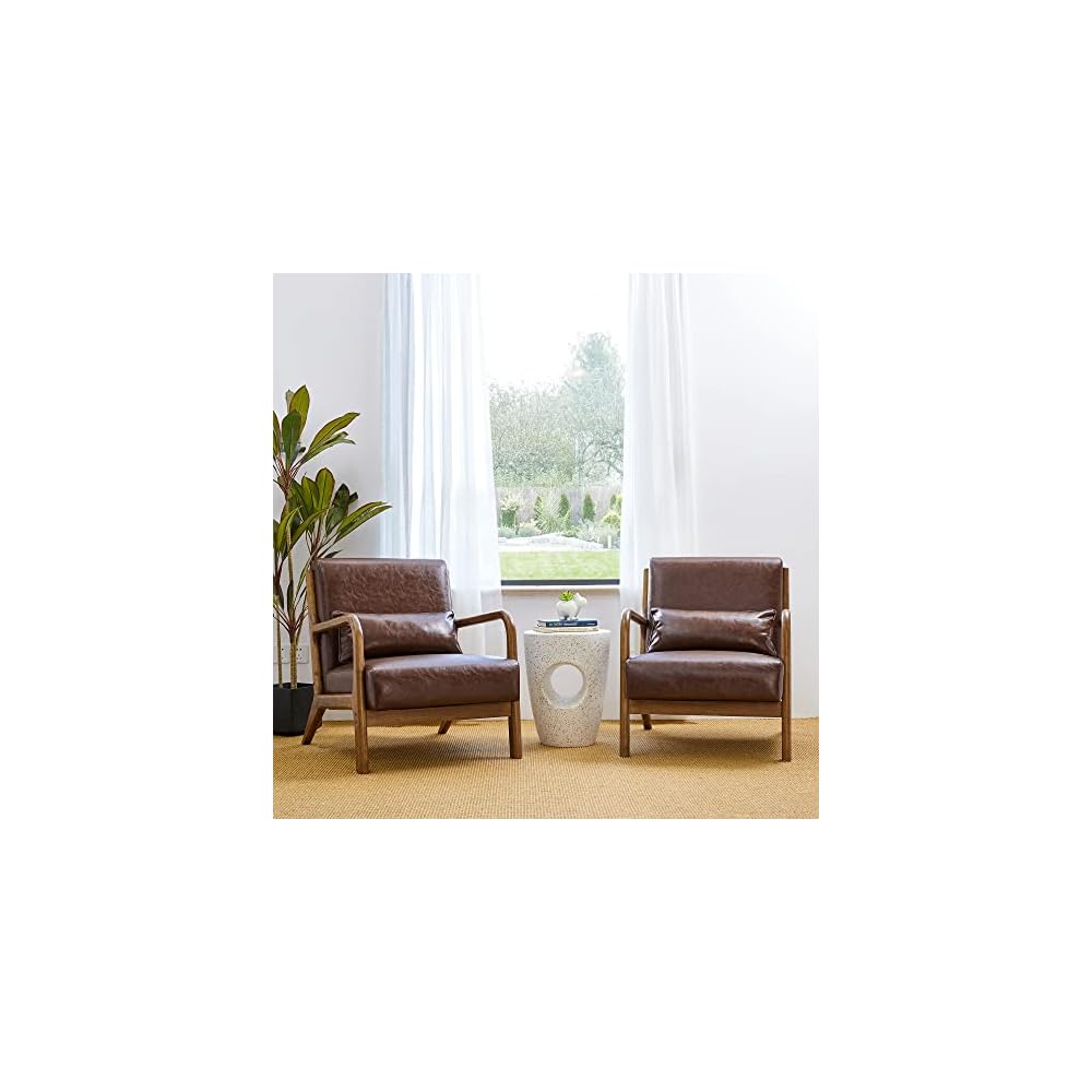 Glitzhome Accent Armchair with Walnut Ruberwood Frame, Black PU Leather Lounge Chair for Living Room