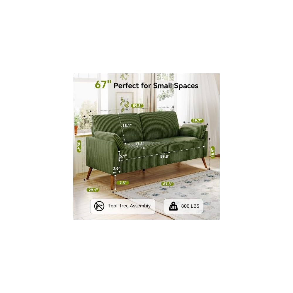 Loveseat Sofa, 67" Small Couch, Green Corduroy Love Seat Couches