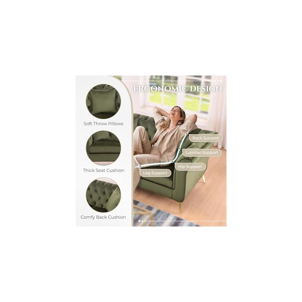 87" Chesterfield Sofa, Contemporary Stanford Sofa, 3 Seater Deep Seat Sofa, Comfy Upholstered Velvet Couch with Scroll Arm and Scroll Back for Living Room Bedroom Office, Green