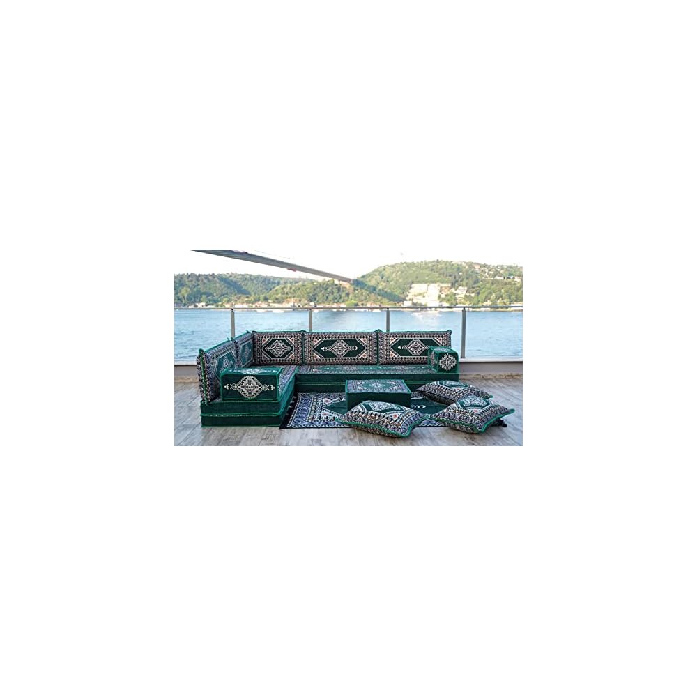L Shaped Arabic Floor Cushions, Sectional Sofas, Arabic Majlis Set, Custom Made Sofa, Arabic Sofa Set, Seating Cushions (8'' Thickness Sofa, L Sofa Full Set, Green)