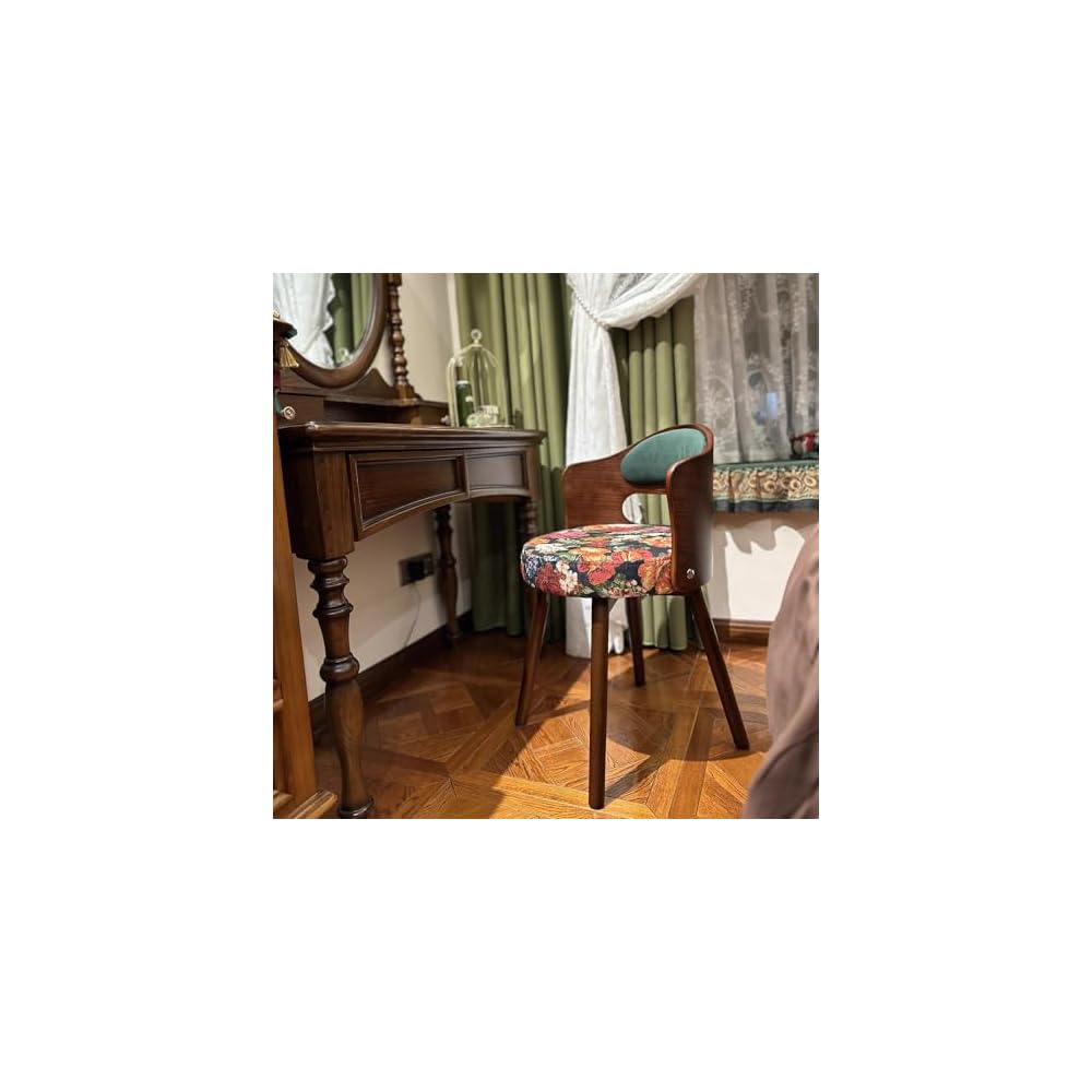 Swivel Vanity Chair with Back - Retro Wood American Round Makeup Chair & Accent Armchair for Home Office/Bedroom - Upholstered Comfort & Style