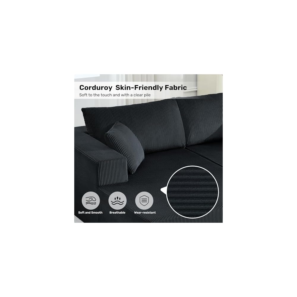 Oversized Double Lounge Chaise Indoor,81" Cloud Plush Sofa Bed,Corduroy Boneless Sleeper Sofa Bed with 2 Pillows,Modern Upholstered Sofa Couch for Living Room Bedroom,No Assembly Required,Black