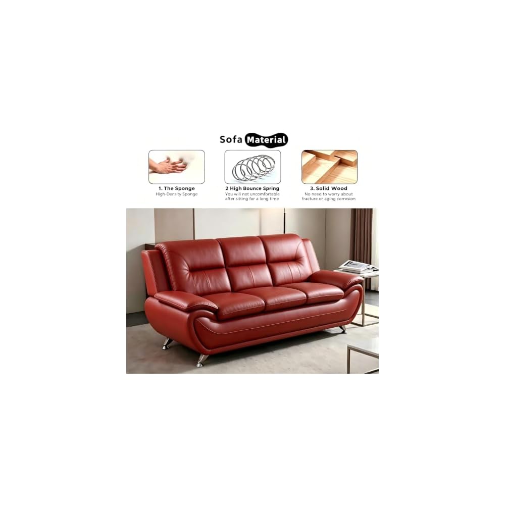 Red PU Leather 3-Seater Sofa, Curved Three Seat Couch with Metal Legs
