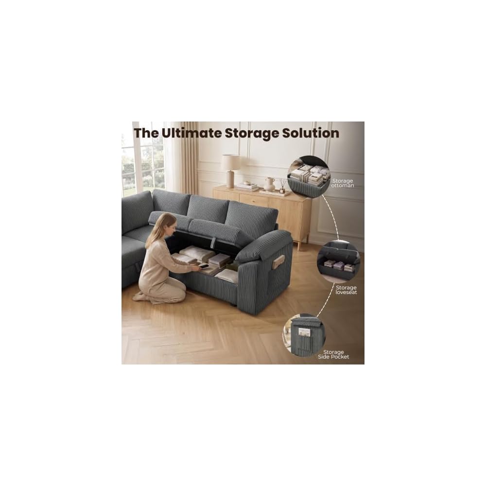 108'' Modular Sectional Sleeper Sofa Couches for Living Room, Dark Grey