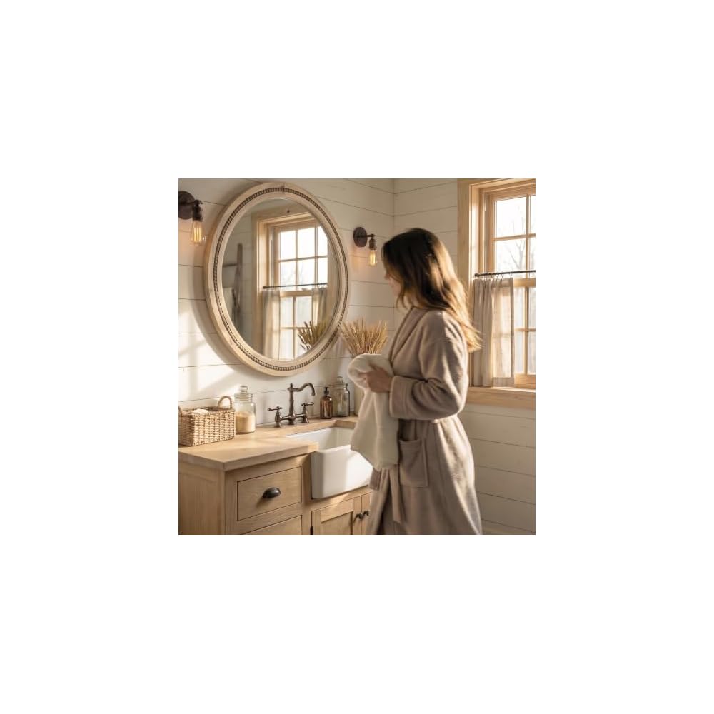 Solid Wood 30 Inch Round Beaded Vanity Wall Mirror, Natural Wood