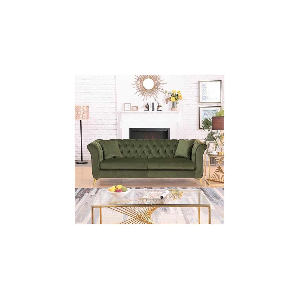 87" Chesterfield Sofa, Contemporary Stanford Sofa, 3 Seater Deep Seat Sofa, Comfy Upholstered Velvet Couch with Scroll Arm and Scroll Back for Living Room Bedroom Office, Green