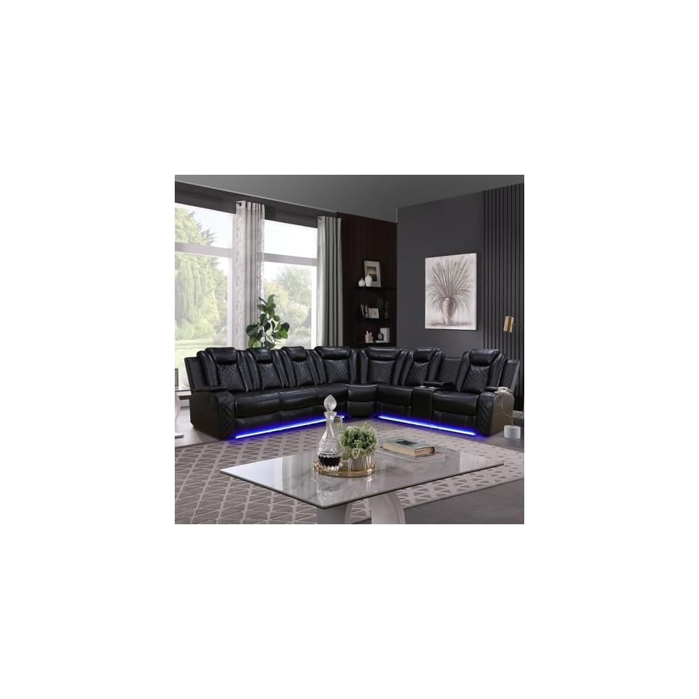 Leather Power Recliner Sectional Sofa with LED Light,L Shaped Leather Couch Set with 2 Recliner Seats，Modular Corner Sofa with Storage Console/Coffee Table for Living Room(Black, Sectional)
