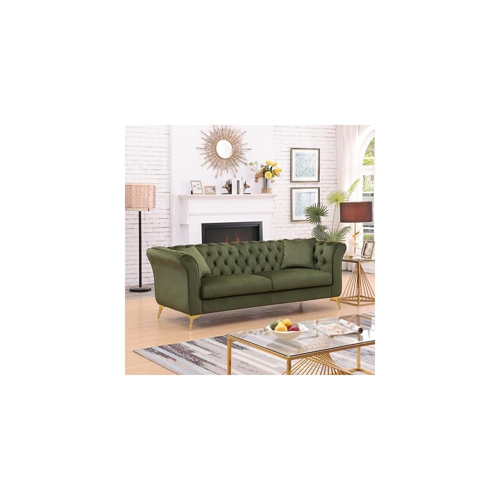 87" Chesterfield Sofa, Contemporary Stanford Sofa, 3 Seater Deep Seat Sofa, Comfy Upholstered Velvet Couch with Scroll Arm and Scroll Back for Living Room Bedroom Office, Green