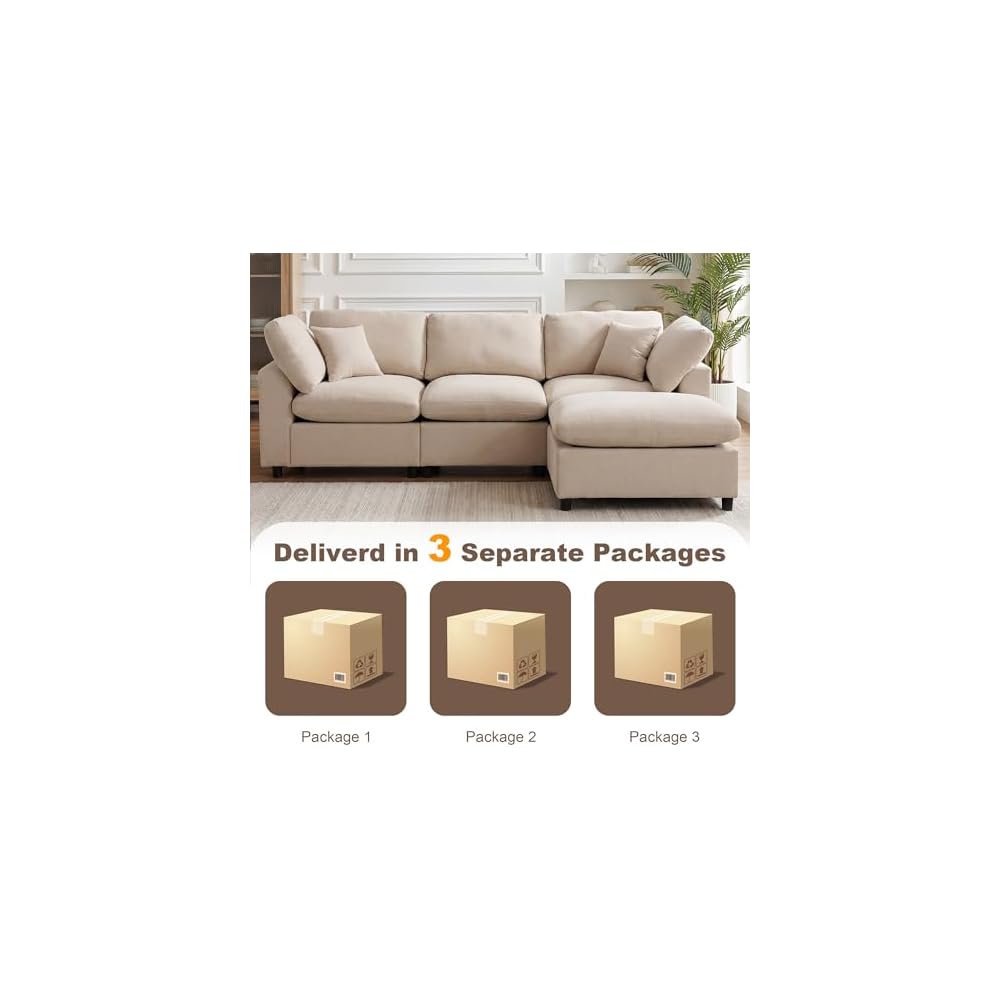 100" Wood Frame L-Shaped Modular Sectional Couch with Ottoman, Modern Cloud Chenille Sofa, Deep Seat 3 Seater & 4 Seat Cloud Modular Beige Upholstered Couch for Living Room, Bedroom, Apartment, Home
