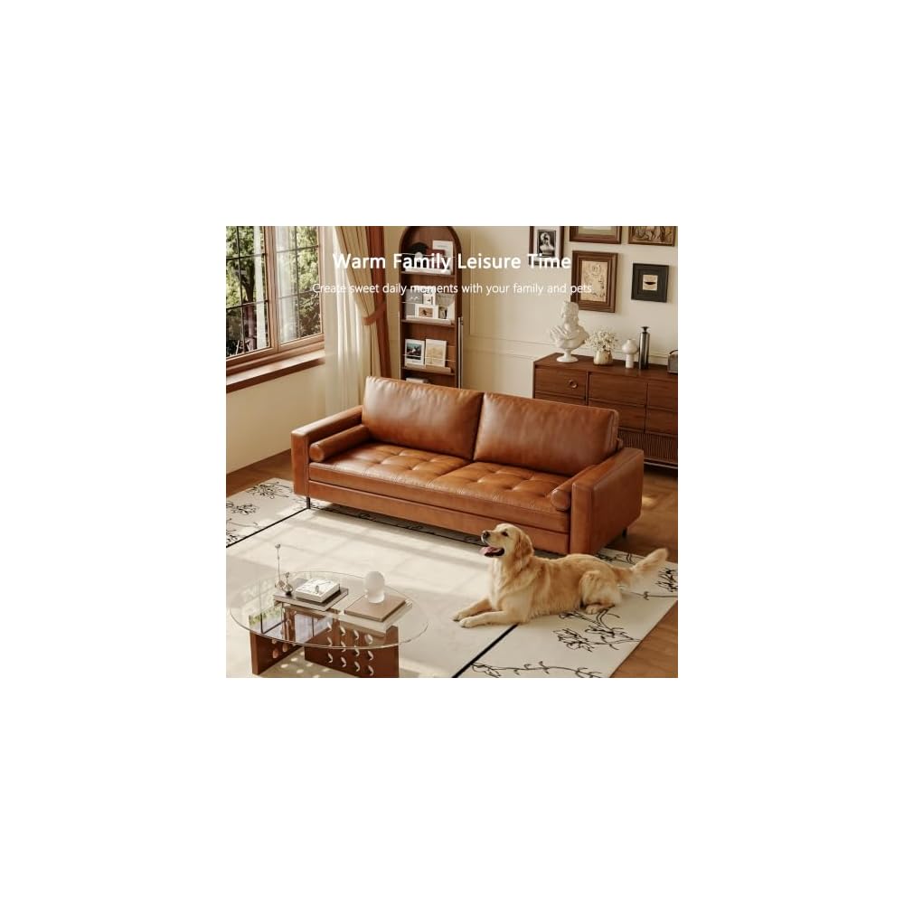80.31-inch mid-Century Style Faux Leather Sofa for Everyday Living, Designed for Three People, with a Solid Wood Frame and Metal Legs, Suitable for Apartments and Living Rooms