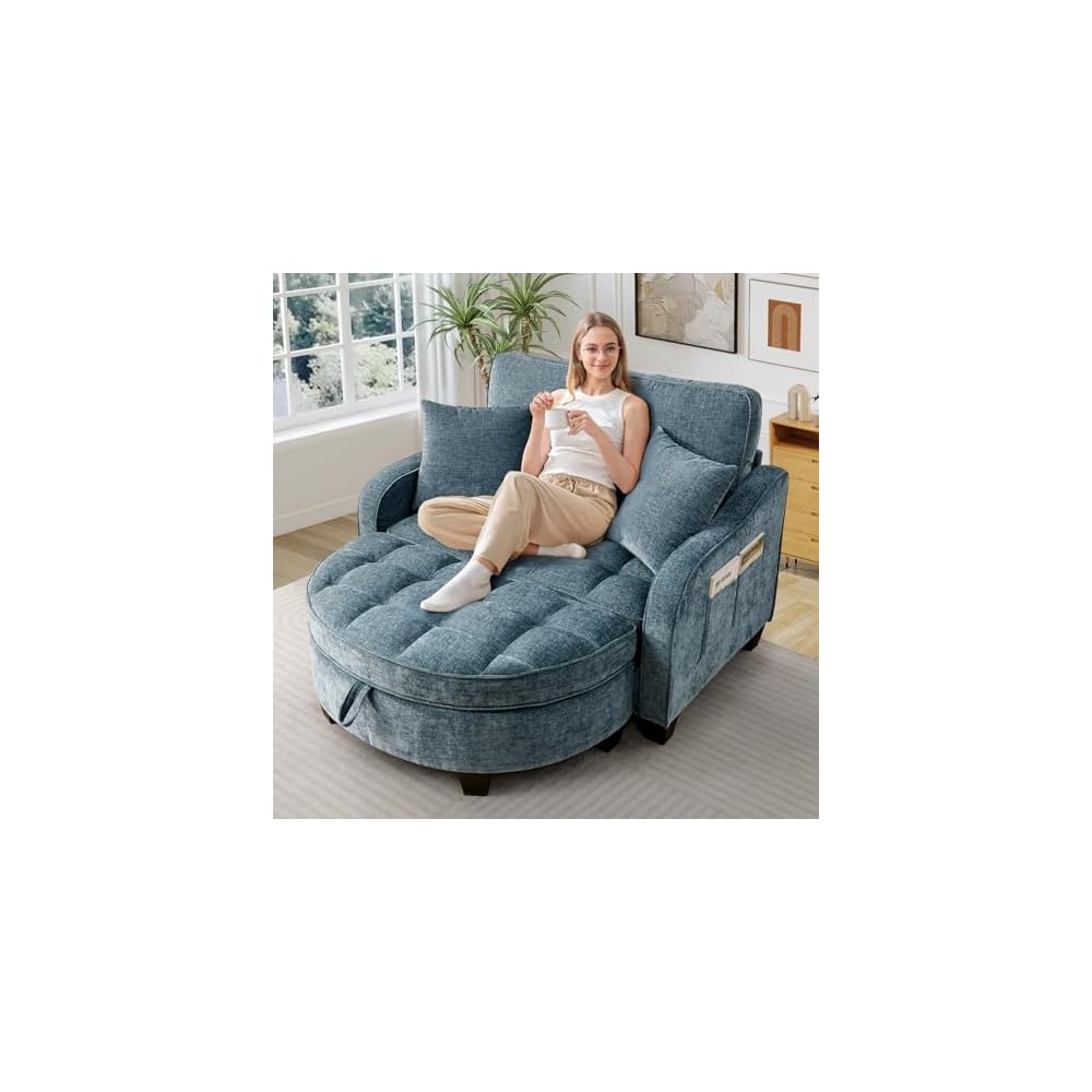 Oversized Chair and A Half, Chenille Tufting Accent Cozy Reading Sofa Chair with Storage Ottoman, Upholstered Loveseat Chaise Lounge Sofa with Adjustable Back for Living Room, Office, Sunroom, Blue