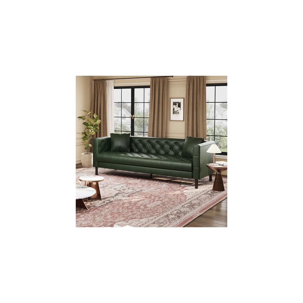 81" PU Leather Couch, Chesterfield 3 Seater Sofa, Vintage Green