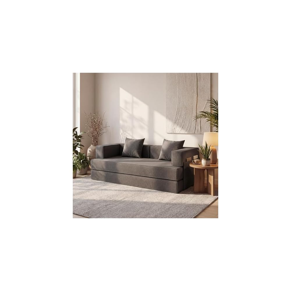 Claiks 4-in-1 Convertible Sofa Bed,86 Inch Compression Sofa with Corduroy Fabric Pull Out Sleeper Sofa with 2 Pillows & 4 Side Pockets for Living Room Bedroom Apartment,No Assembly Required,Dark Grey.