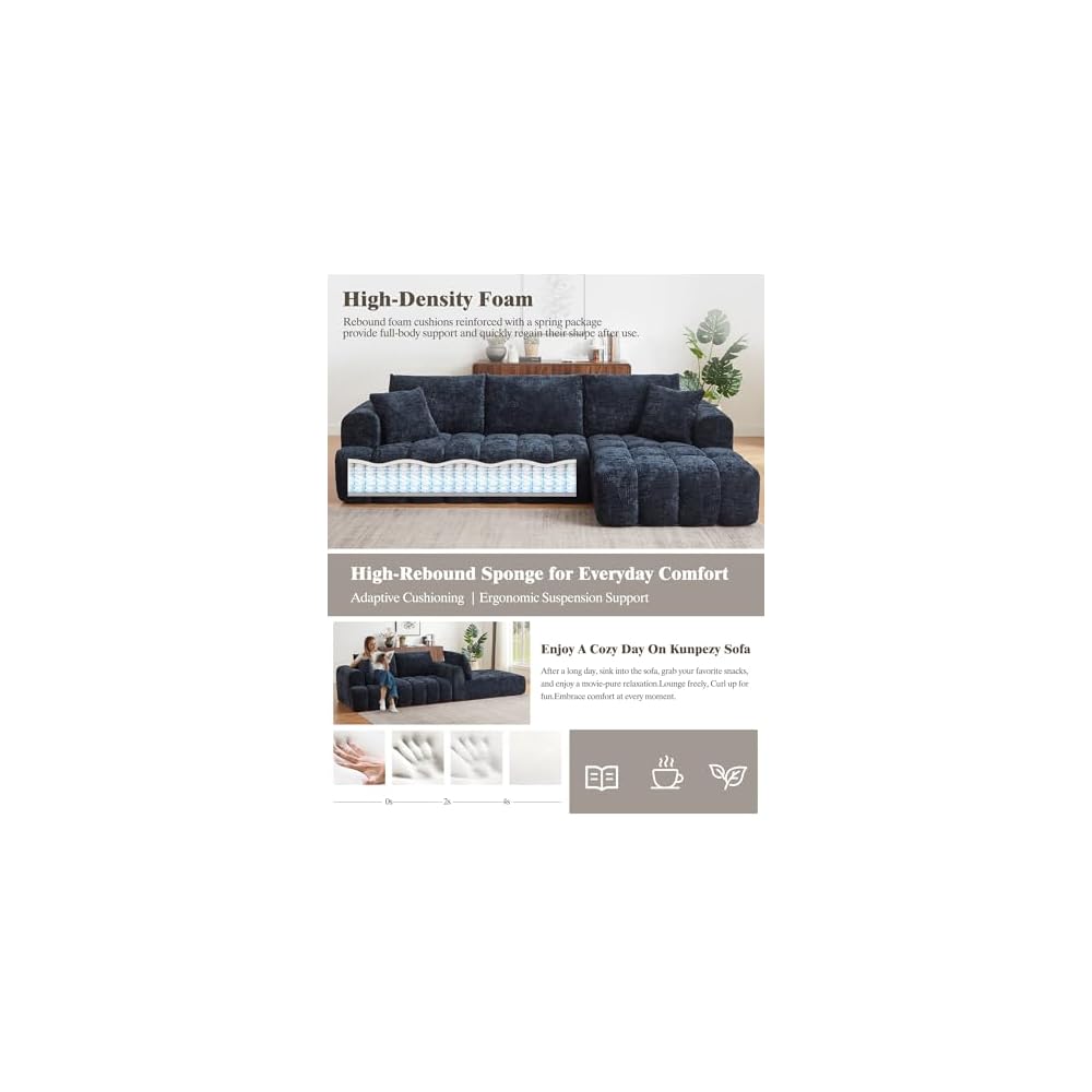 108" Boneless Cloud Modular Sectional Couch for Living Room, L Shaped Sofa with Chaise | Chenille Fabric | Compressed Foam Sofa for Living Room | No Assembly (Dark Blue, Right Hand Facing)
