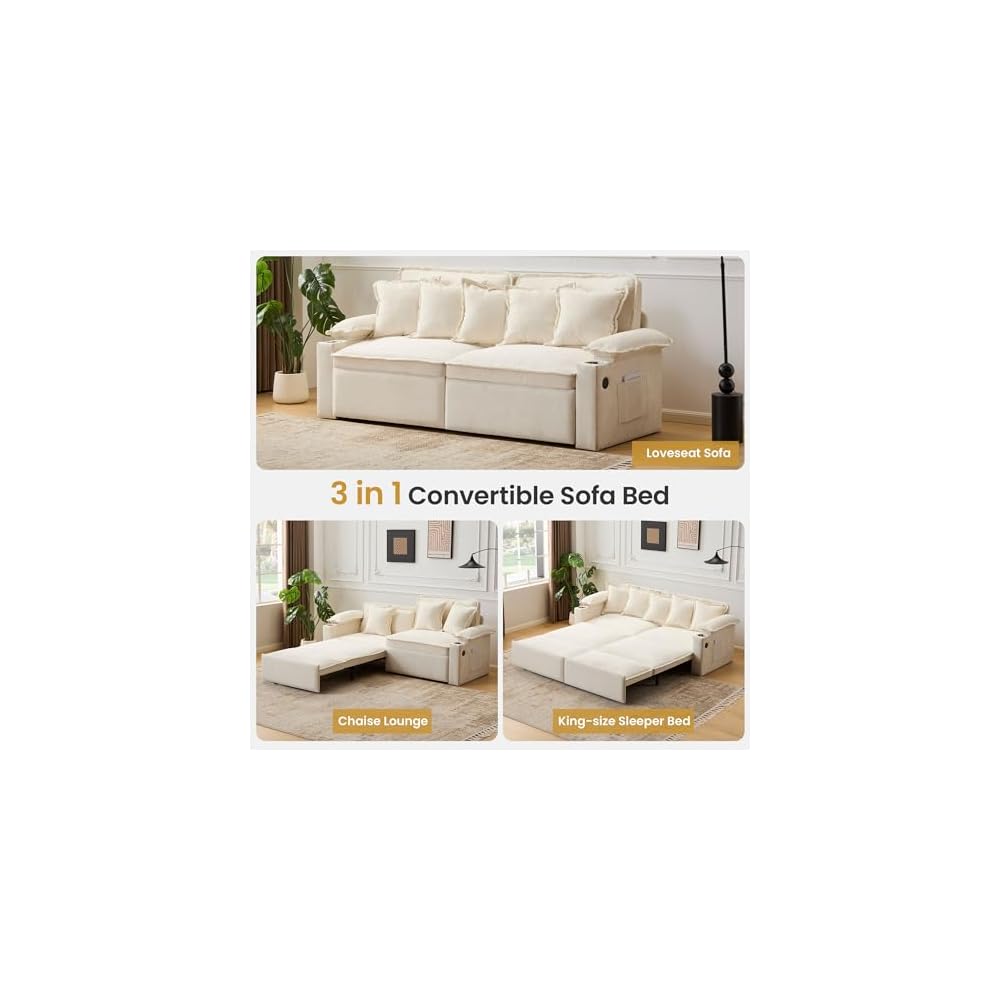 82.7’’ King Size Beige Pull Out Sofa Bed, 3 in 1 Convertible Sleeper Sofa Bed with Futon Sofa, Chenille Loveseat Couch Bed with USB and Storage Pockets for Living Room,Bedroom