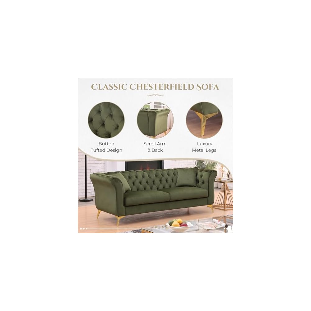 87" Chesterfield Sofa, Contemporary Stanford Sofa, 3 Seater Deep Seat Sofa, Comfy Upholstered Velvet Couch with Scroll Arm and Scroll Back for Living Room Bedroom Office, Green