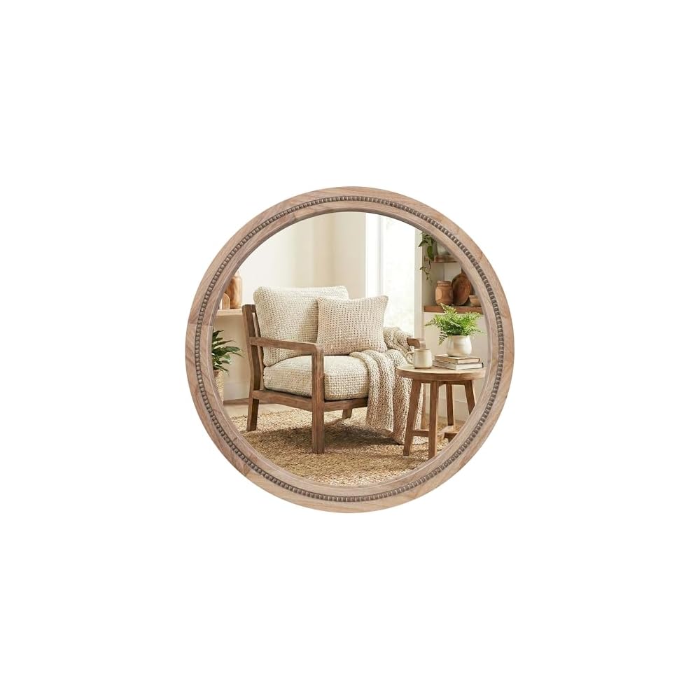 Solid Wood 30 Inch Round Beaded Vanity Wall Mirror, Natural Wood