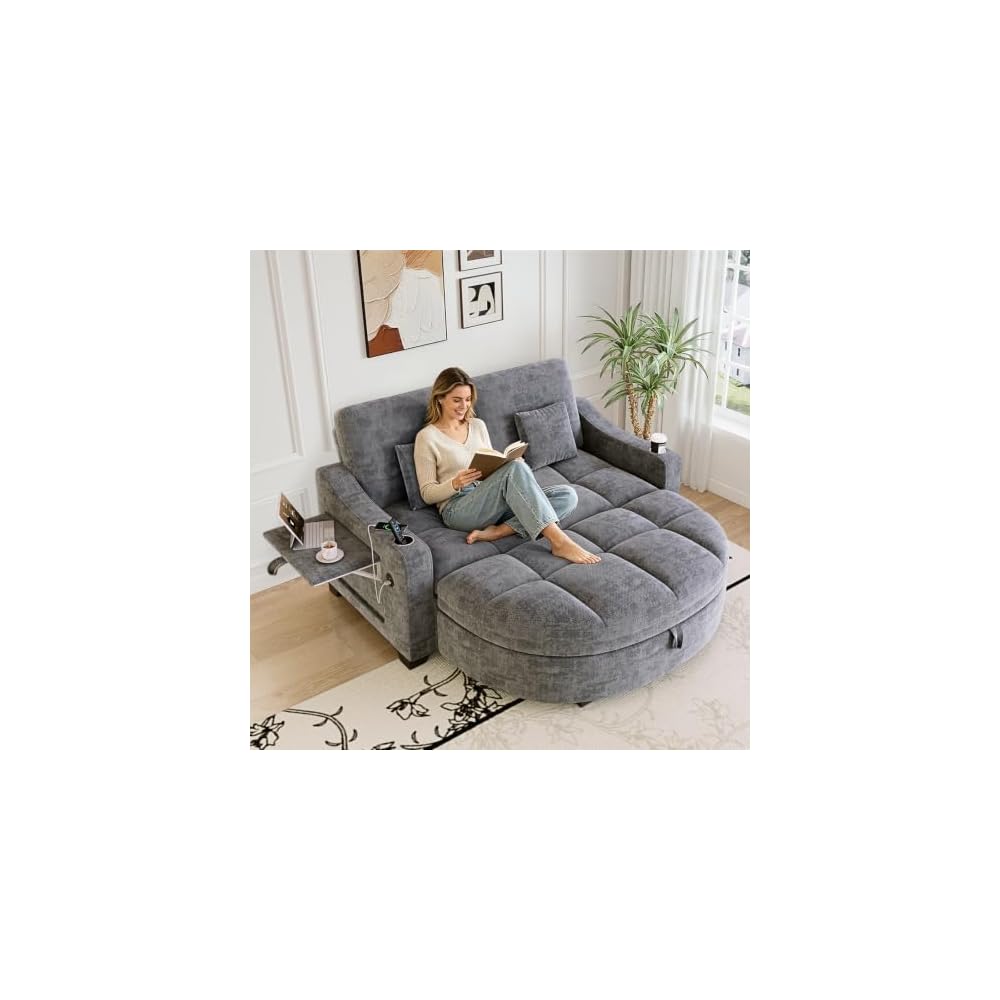 Oversized Chair and A Half, Chenille Tufting Accent Cozy Reading Sofa Chair with Storage Ottoman, Upholstered Loveseat Chaise Lounge Sofa with Adjustable Back for Living Room, Office, Sunroom, Blue