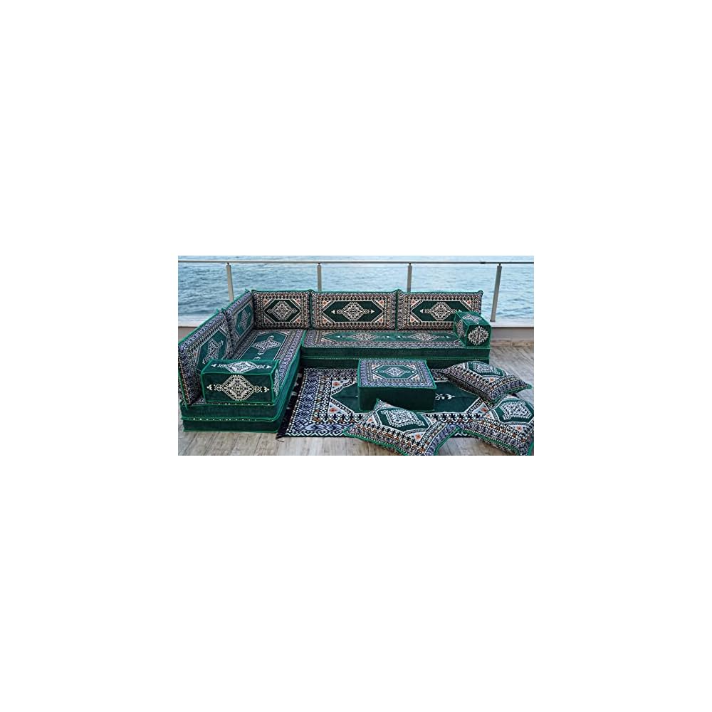 L Shaped Arabic Floor Cushions, Sectional Sofas, Arabic Majlis Set, Custom Made Sofa, Arabic Sofa Set, Seating Cushions (8'' Thickness Sofa, L Sofa Full Set, Green)